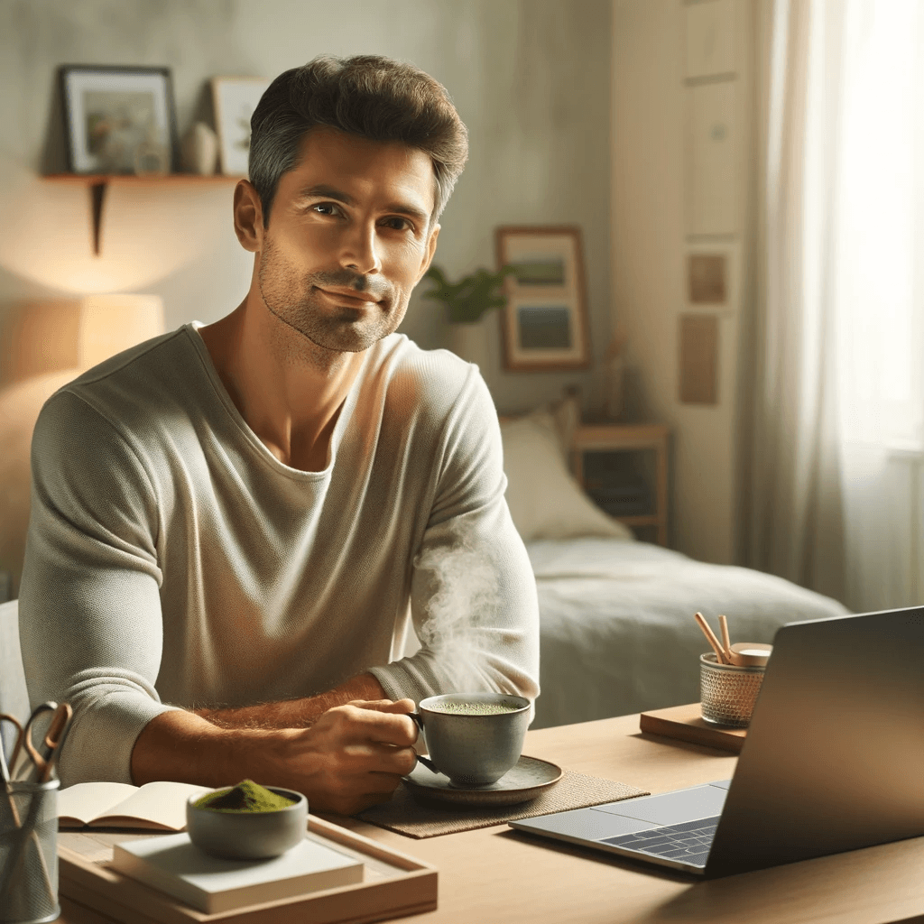 DALL·E 2024-01-15 01.22.23 - An image of a serene man at home, seated at his desk with a steaming cup of matcha. The man appears calm and content, in his mid-30s, with short hair .png