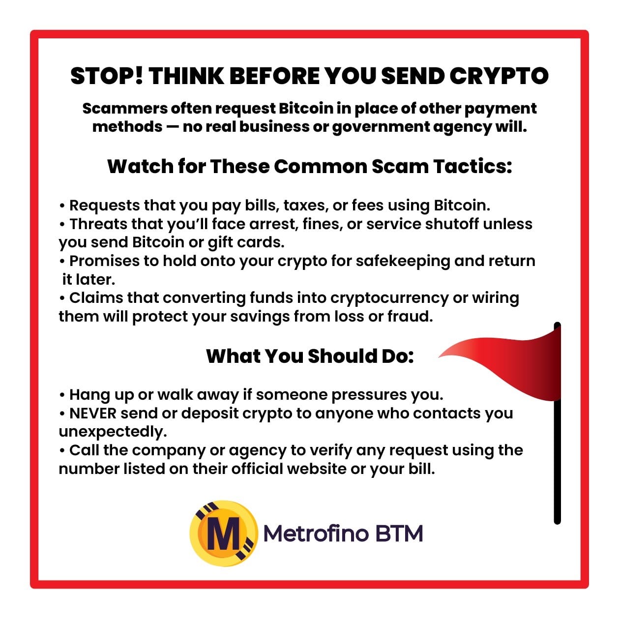 Metrofino Bitcoin scam warning sign showing common scam tactics and safety steps