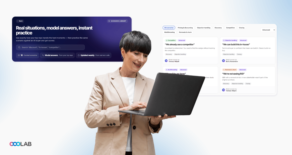 Sales rep practicing an objection-handling scenario with AI roleplay feedback on screen - LearningOS