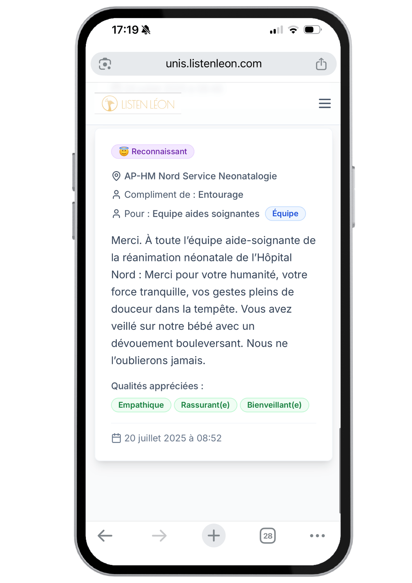 Exemple de message de reconnaissance dans un hôpital par une application web