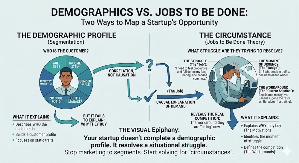 A comparative diagram titled "Demographics vs. Jobs to Be Done." The left side shows a demographic profile wheel for a "Marketing Manager" with static traits like age and income, labeled as "Correlation, Not Causation." The right side shows a "Circumstance" illustration of a stressed driver in a car at 7:15 AM, labeled as the "Causal Explanation of Demand." The bottom text reads: "Your startup doesn’t complete a demographic profile. It resolves a situational struggle.