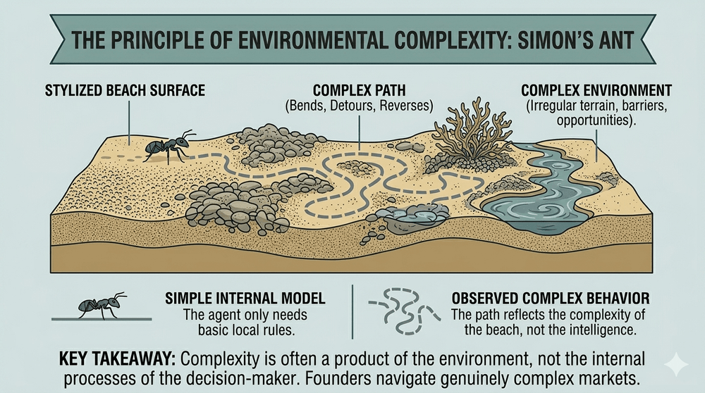 A stylized infographic titled "THE PRINCIPLE OF ENVIRONMENTAL COMPLEXITY: SIMON&rsquo;S ANT." The top half shows a cross-section of a "Stylized Beach Surface" with an ant following a winding, erratic dotted path through rocks, plants, and water. Labels identify the "Complex Path" and the "Complex Environment." The bottom half compares a "Simple Internal Model" (the ant only needs basic local rules) to the "Observed Complex Behavior" (the path reflects the beach&rsquo;s complexity, not the ant&rsquo;s intelligence). The key takeaway notes that founder decision-making complexity is often a product of the market environment rather than internal processes.