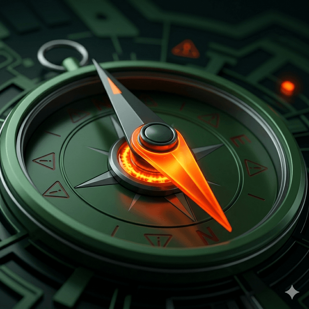A close-up of a tactical green compass with a glowing orange needle pointing toward warning symbols, representing the identification of hidden risks and unclear assumptions in a startup evaluation.