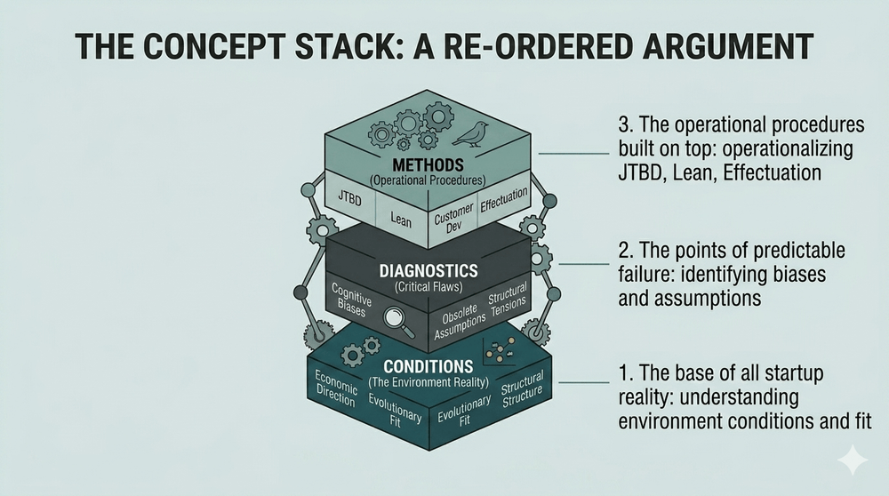 An instructional infographic titled "THE CONCEPT STACK: A RE-ORDERED ARGUMENT." It visualizes the hierarchy of entrepreneurial knowledge as a sturdy, layered 3D architectural stack. The graphic is based on a re-ordered synthesis of ten thinkers.  Base Layer (Deep Teal): Labeled "CONDITIONS (The Environment Reality)." This foundation lists "Economic Direction (Schumpeter)," "Evolutionary Fit (Darwin)," and "Structural Legitimacy (Dosi)." Text on the side explains: "1. The base of all startup reality: understanding environment conditions and fit."  Middle Layer (Charcoal): Labeled "DIAGNOSTICS (Critical Flaws)." This layer lists "Cognitive Biases (Kahneman)," "Structural Tensions (March)," and "Obsolete Assumptions (Drucker)." Text on the side explains: "2. The points of predictable failure: identifying biases and assumptions."  Top Layer (Muted Teal): Labeled "METHODS (Operational Procedures)." This peak lists "JTBD (Christensen)," "Lean (Ries)," "Customer Dev (Blank)," and "Effectuation (Sarasvathy)." Text on the side explains: "3. The operational procedures built on top: operationalizing JTBD, Lean, Effectuation."  Illustrative gears and data connections tie the entire structure together.