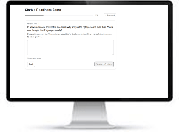 Founder completing a startup readiness assessment questionnaire on a computer screen