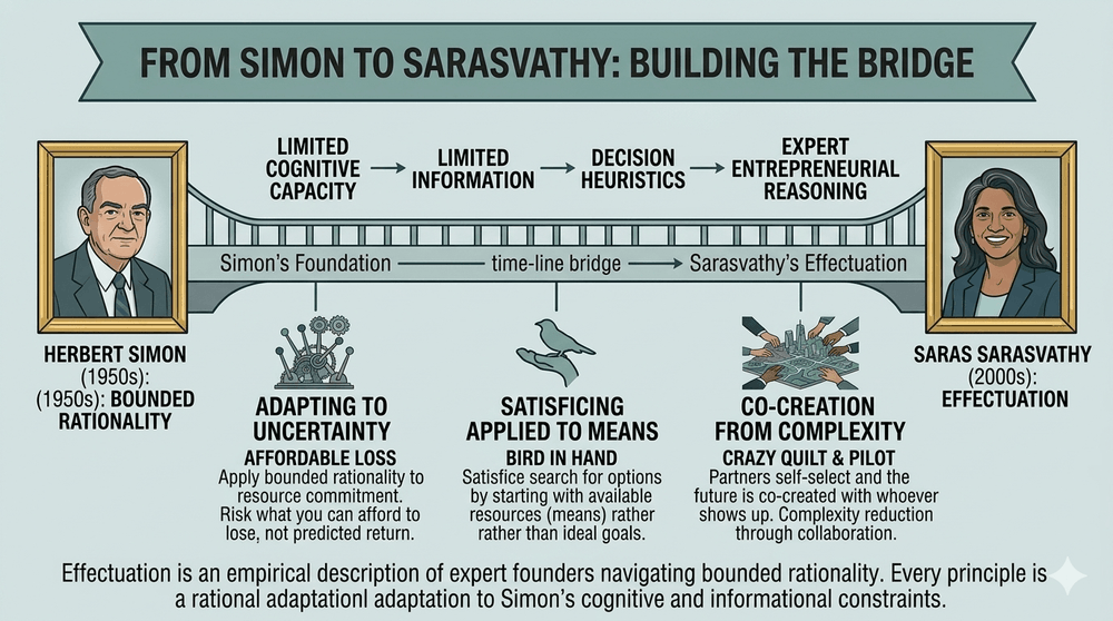 A conceptual infographic titled "FROM SIMON TO SARASVATHY: BUILDING THE BRIDGE." The image features a physical bridge connecting a portrait of Herbert Simon on the left (1950s: Bounded Rationality) to a portrait of Saras Sarasvathy on the right (2000s: Effectuation). Above the bridge, a flow chart moves from "Limited Cognitive Capacity" to "Expert Entrepreneurial Reasoning." Below the bridge, three icons illustrate the link: gears representing "Adapting to Uncertainty (Affordable Loss)," a bird in a hand for "Satisficing Applied to Means (Bird in Hand)," and hands shaping a city for "Co-Creation from Complexity (Crazy Quilt & Pilot)." The caption states that effectuation principles are rational adaptations to Simon's identified cognitive constraints.
