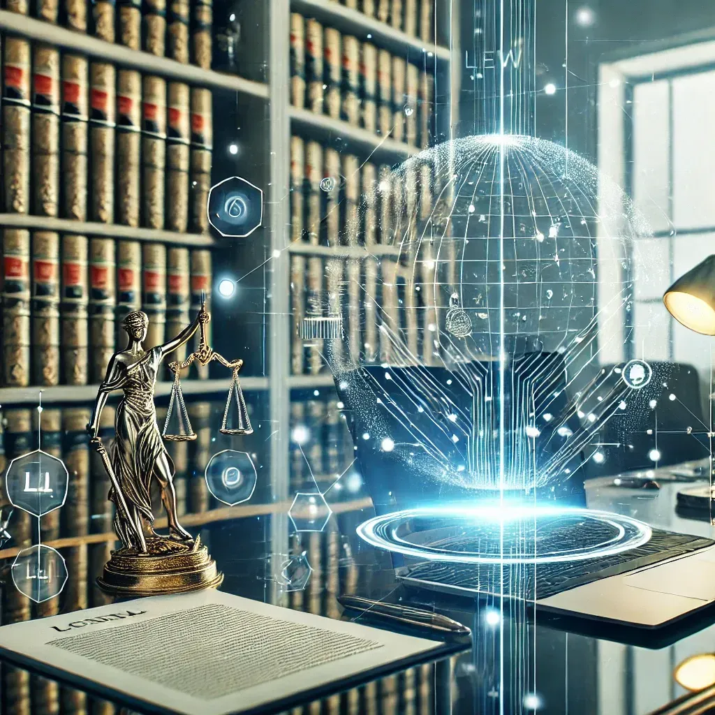 DALL·E 2024-12-25 12.22.28 - A professional illustration of a legal professional workspace with modern AI elements, including a holographic interface, a sleek laptop, and legal do.webp