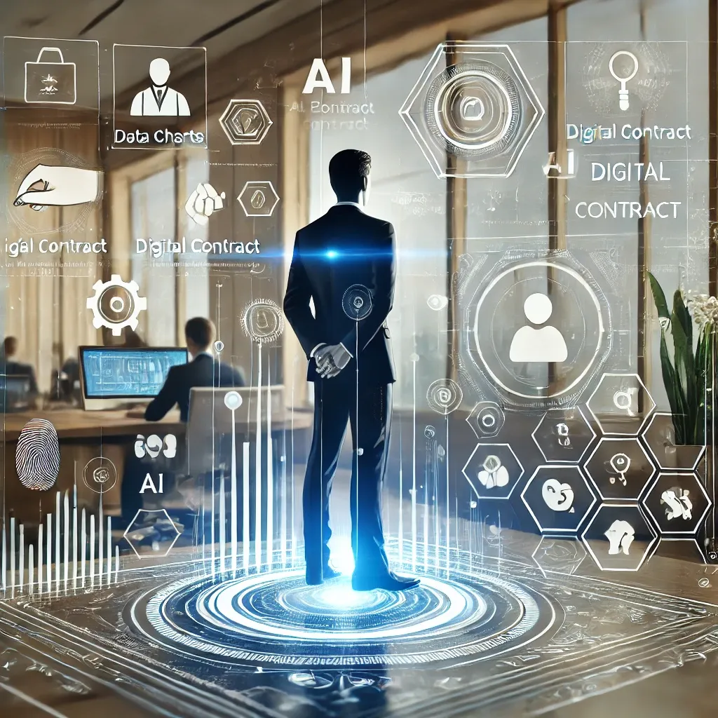 DALL·E 2024-12-26 16.36.14 - A professional and minimalist illustration of a legal professional interacting with a futuristic holographic interface. The interface displays data ch.webp