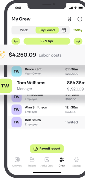 Construction crew digital timesheets in the Time Squared mobile app