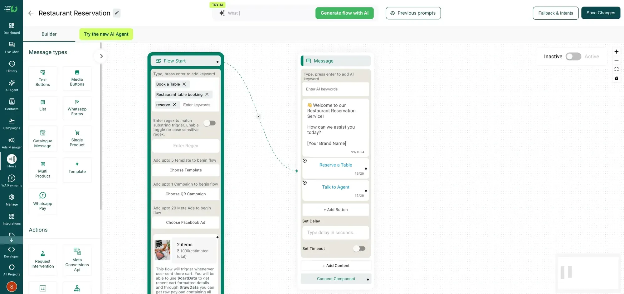 Nó de mensagem com botões de resposta conectado ao Flow Start