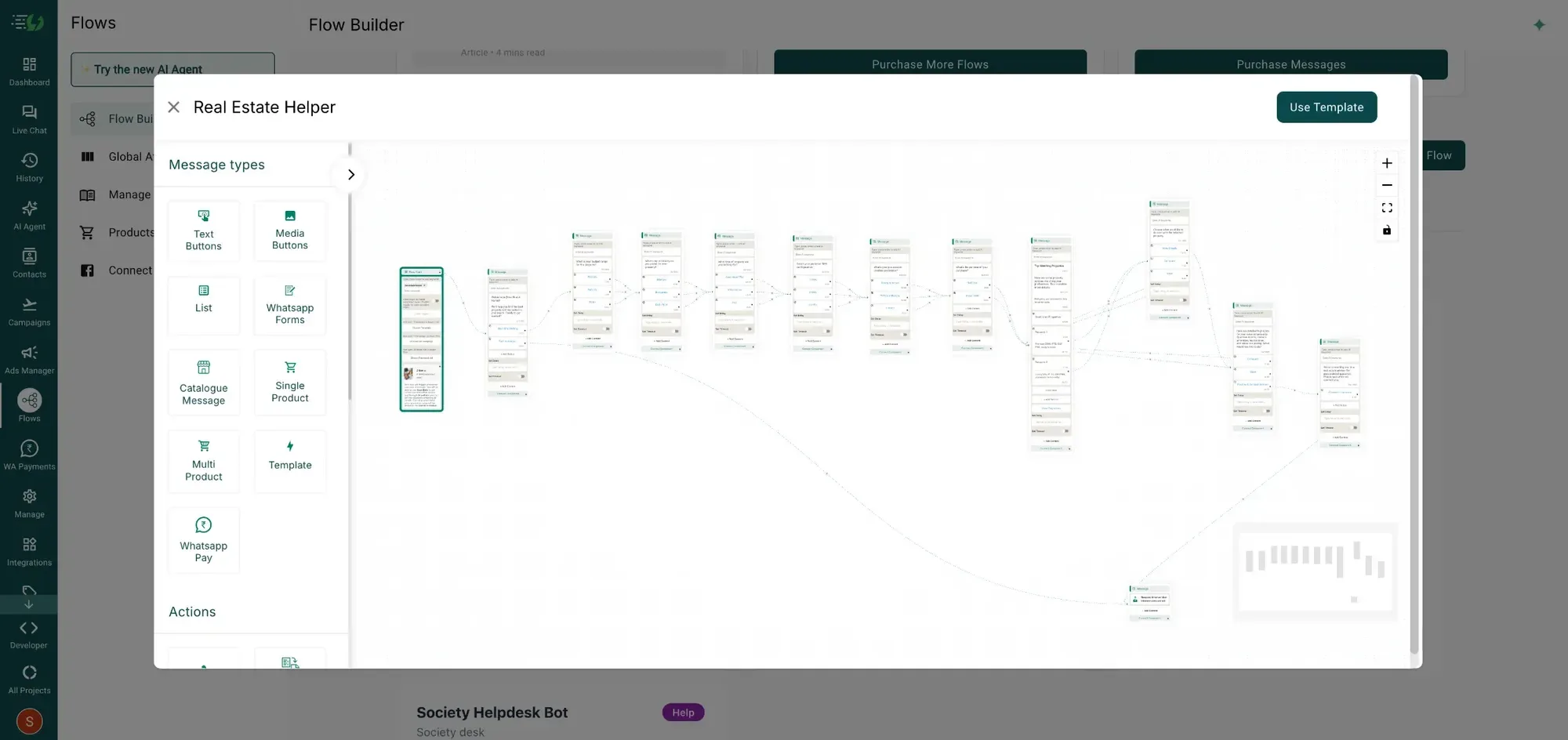 Flow Preview do modelo de chatbot Real Estate Helper