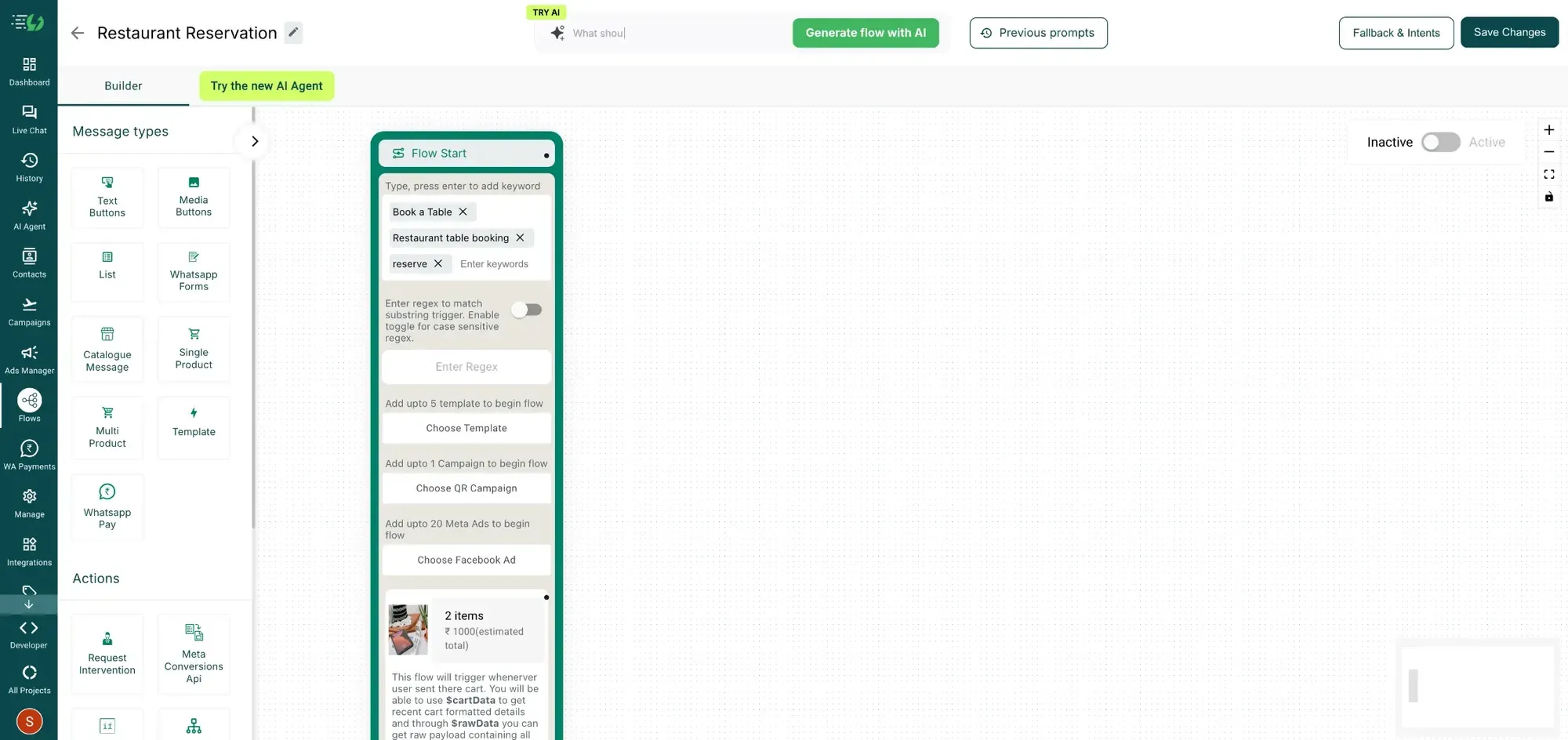 Painel de tipos de mensagem e nó Flow Start no Flow Builder da AiSensy
