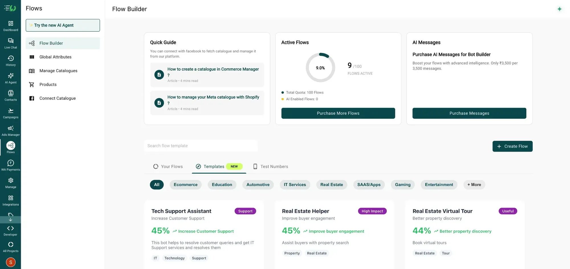 Aba Templates de chatbots da AiSensy com filtros por setor