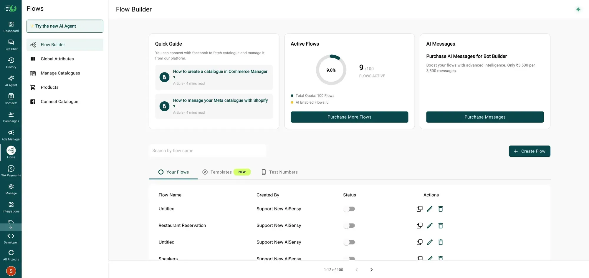 Página inicial do Flow Builder da AiSensy com as abas Your Flows, Templates e Test Numbers