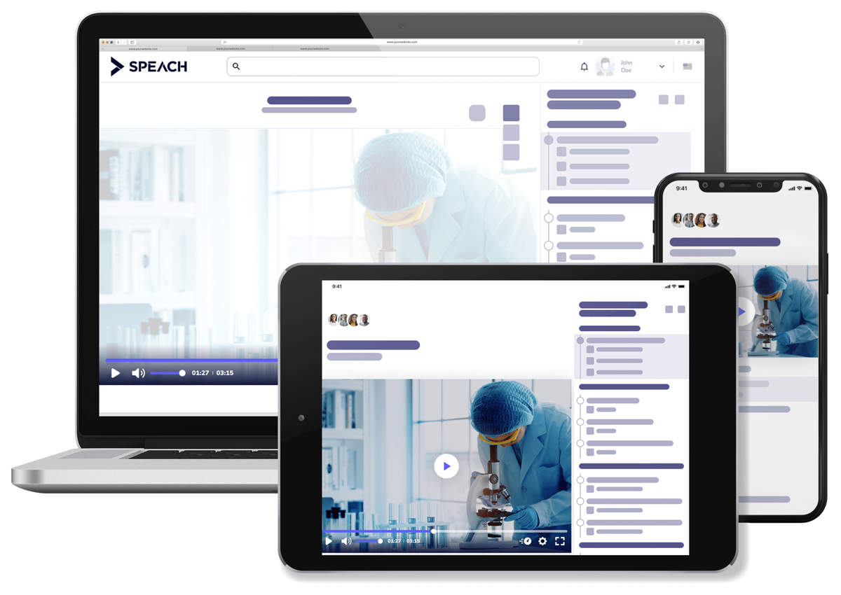 Speach training-player screenshots displayed on desktop, tablet and mobile
