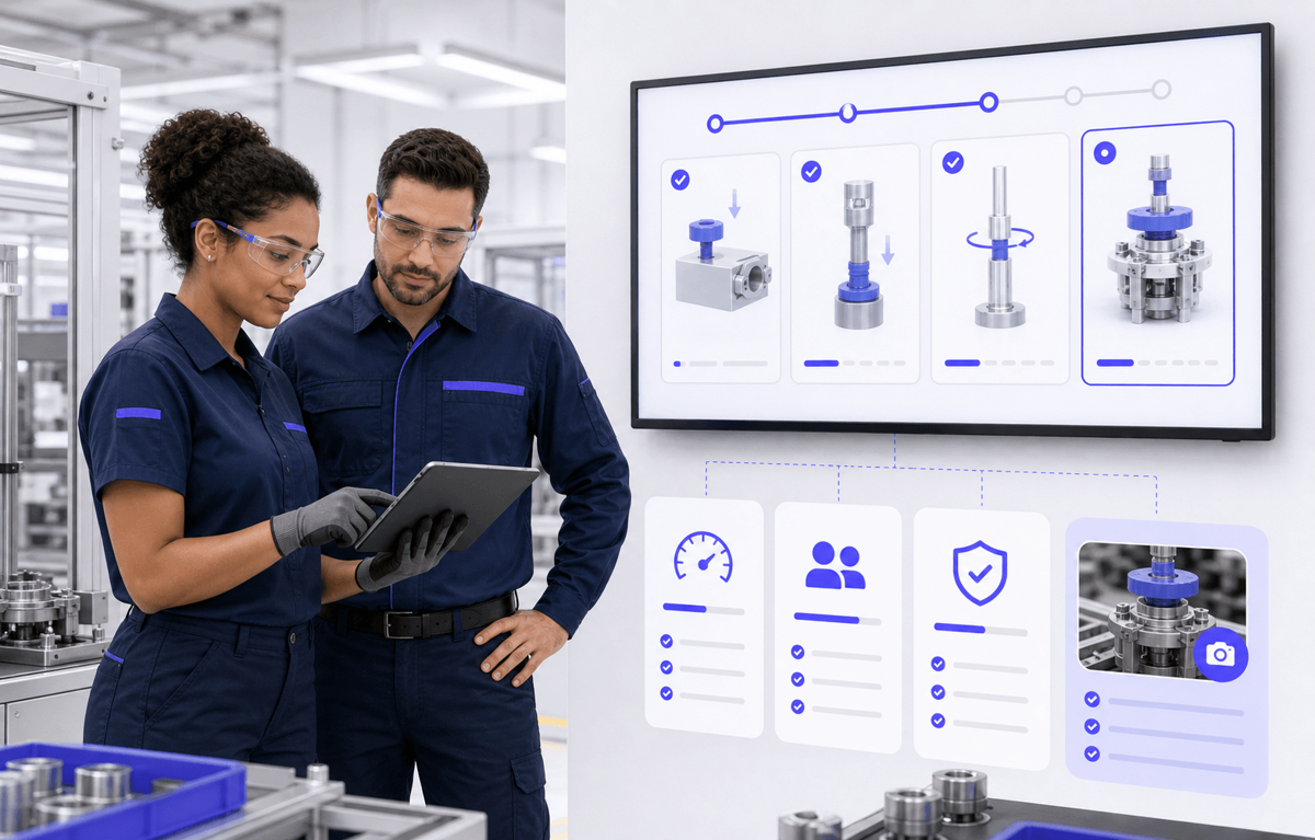Pharmaceutical teams following one approved digital work instruction across cleanroom, laboratory, and packaging operations