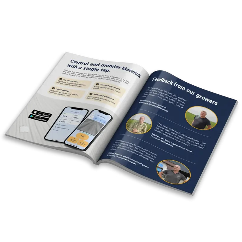 La brochure du Maverick d'Odd.Bot, ouverte sur la page des témoignages